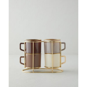 Brownfall Glass Stand Set of 4 Mugs, 180 ml, Brown-Gold